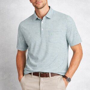 Johnnie O Golf Mens Polo Shirt striped  Size Medium Teal White EUC Cotton